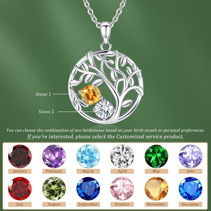 Tree of Life Birthstone Necklace for Women 925 Sterling Silver Birthstone Pendant 12 Months Necklaces with Zircon Birthday Gifts for Women, Mom, Grandma Cable Chain 18"+2"