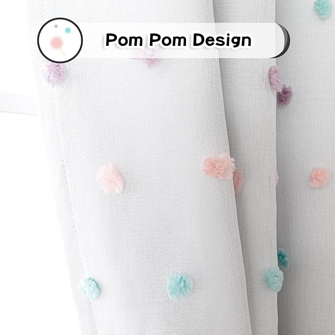 MYSKY HOME 100% Blackout Curtains for Living Room 102 Inch White Curtains Extra Long Total Light Block Girls Room Drapes Thermal Insulated Room Darkening Rainbow Pom Pom Sheer Grommet 2 Pieces 52 Wide