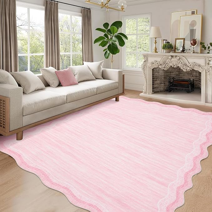 Garvee Scalloped 8x10 Rugs Washable Area Rugs for Living Room,Modern Stain Resistant Solid Rug for Bedroom, Scalloped Low Pile Non-Slip Neutral Rug for Farmhouse Dining Room Home Office Dorm,Pink | Rugs for Living Room, Non-Slip Soft Carpet for Bedroom...