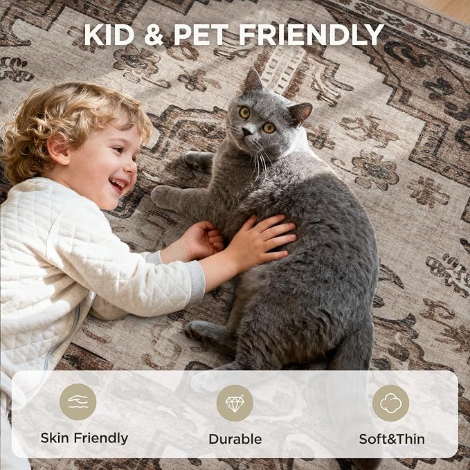 Joydeco 3x5 Area Rugs Vintage for Living Room, Light Coffee | Non Slip Machine Washable Low Pile for Living Room Bedroom Dining Room Home Office Pet & Child Friendly
