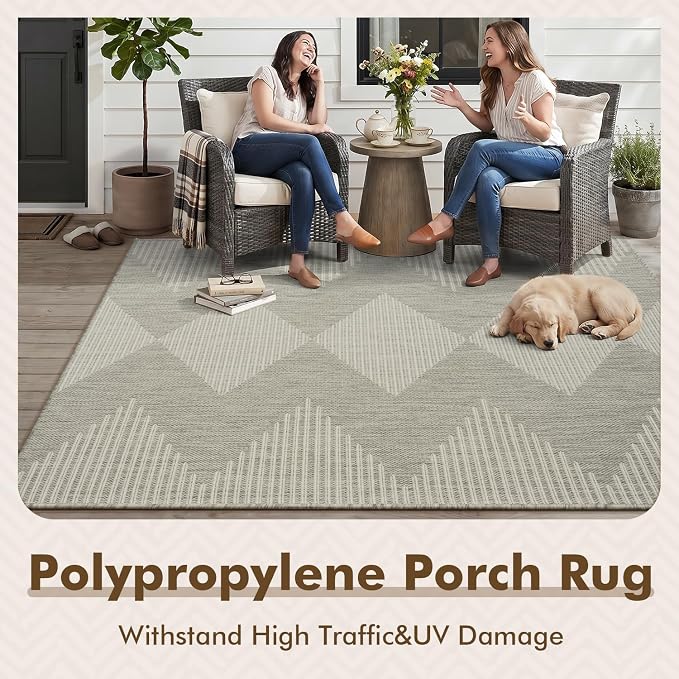 MontVoo-Outdoor Rug Carpet Patio Rug 5x7 ft Polypropylene Indoor Outdoor Rugs for Patio Deck Balcony Porch, Textured Weave, Durable for High Traffic, Fade-Resistant, Boho Geometric Silver Grey