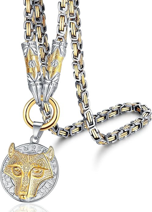 ROWIN&CO Viking Necklace for Men, Stainless Steel Nordic Runes Wolf Head Spearhead & Trinity Knot Pendant with Byzantine Chain Amulet, Norse Mythology Pagan Gothic Biker Jewelry Gift