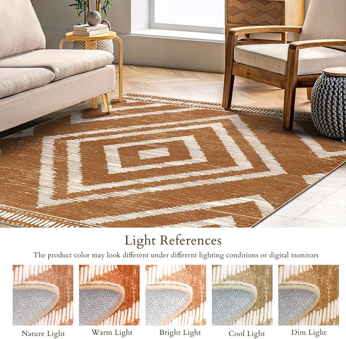 Boho Washable Rugs 5x7ft Non Slip, Low Pile Area Rug for Living Room, Brown Moroccan Bedroom Carpets, Non Shedding Soft Floor Carpet for Dining Room Bathroom Nursery Kitchen Office