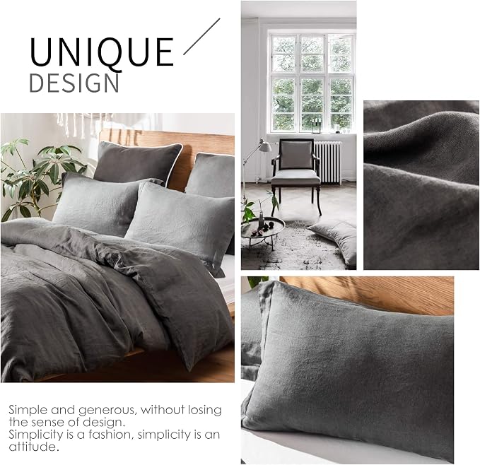 Simple&Opulence 100% Linen Duvet Cover Set 3pcs Basic Style Natural French Washed Flax Solid Color Soft Breathable Farmhouse Bedding with Button Closure - Dark Grey, Queen