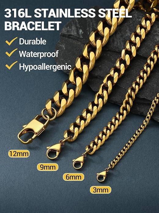 PROSTEEL Stainless Steel Bracelets for Men Women, Gold/Silver/Black, Cuban Link Bracelet Adjustable, Jewelry with Gift Box