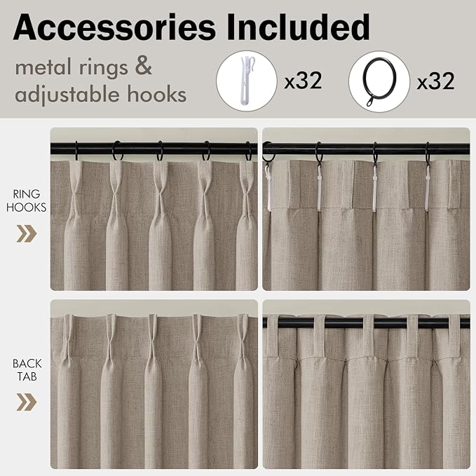 MIULEE 4 Panels Set Taupe Pinch Pleated Linen Curtains 96 Inches Long for Living Room Bedroom, Memory Trained Pinch Pleat Drapes Light Filtering Burlywood Brich Semi Sheer Window Curtains Hooks Rings