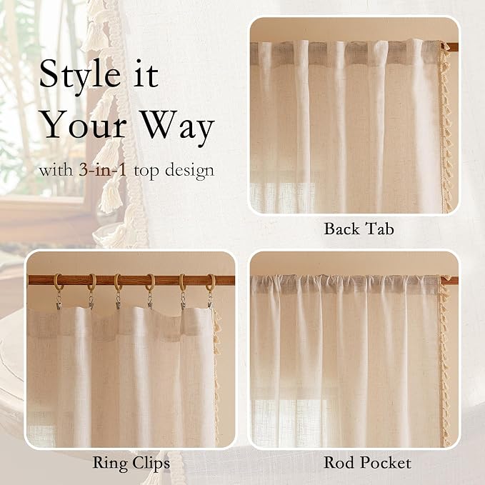 MYSKY HOME Natrual Curtains 84 Inches Long for Living Room Boho Semi Sheer Light Filtering Privacy Drapes for Bedroom, Farmhouse Rustic Home Decor Back Tab with Tassel, 50" x 84", Natural, 2 Panels