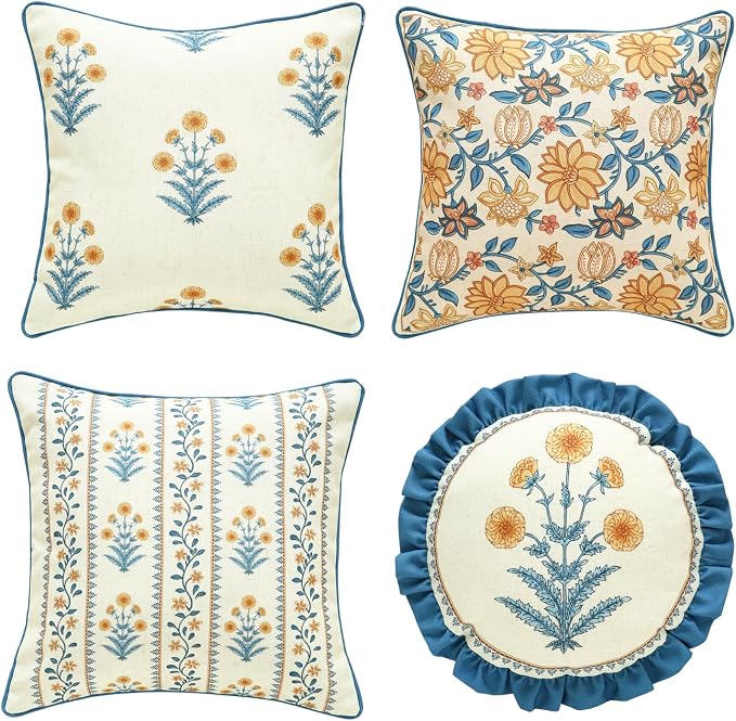 ISAENNE Designer Elegant Linen Throw Pillow Cover,Set of 4-Estevan Set | French Cottage Pillow Cover,Concealed Zipper,Floral Pattern,Sofas,Bedroom,Living Room,Lounge Chairs,All Season Home Decor