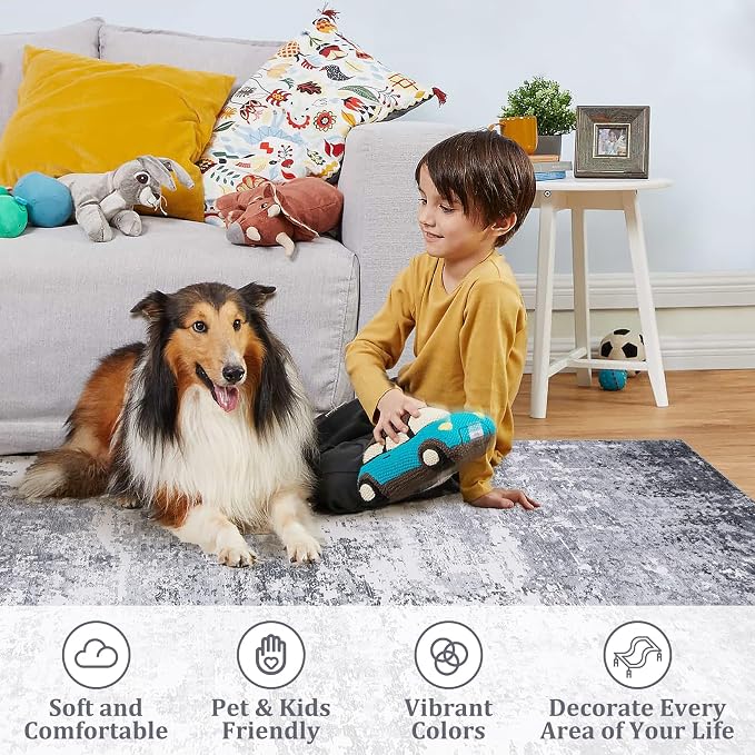 ROYHOME 2x6 Modern Abstract Runner Rug, Light Grey | Non Slip Soft Rug Stain Resistant Rugs Low Pile Non Shed Machine Washable for Hallway Kitchen Bathroom