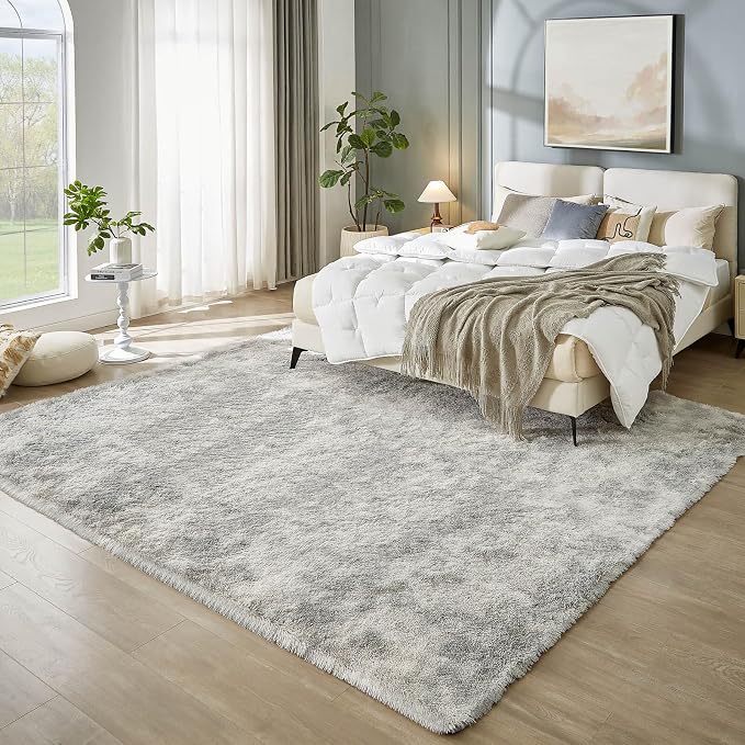 Floralux 8x10 Rugs for Living Room, Tie-Dye Light Grey, Soft Fluffy Shag Carpets for Bedroom, Shag Large Area Rugs for Bedroom