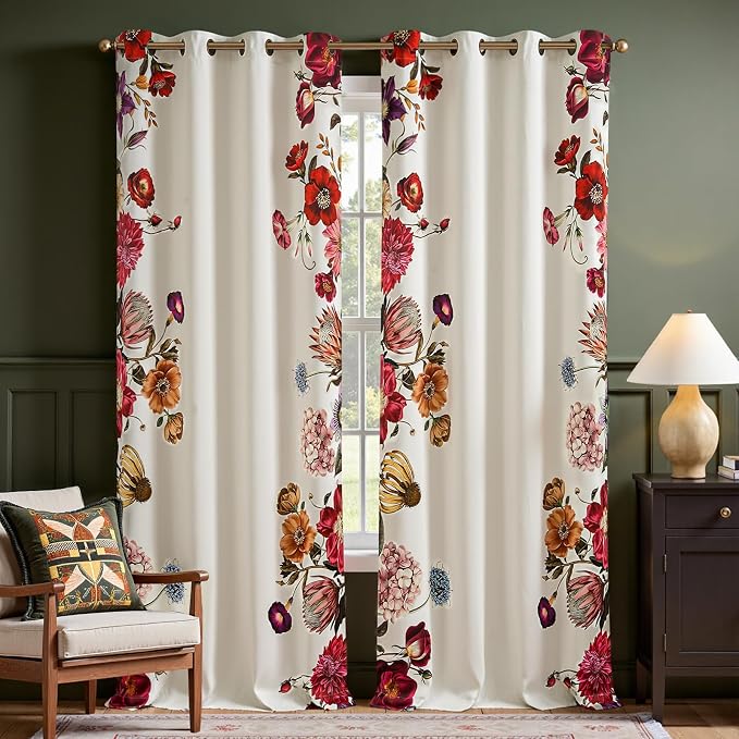 jinchan Beige Floral Blackout Curtains 96 Inch Vintage Grommet 2 Panels | Room darkening, privacy, vibrant flower print, retro boho bohemian drapes, bedroom, living room, fall decor, window treatment