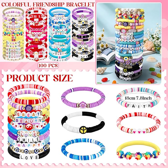 Equsion 100 Pcs Preppy Friendship Bracelets for Women Heishi Surfer Clay Stackable Bead Easter Boho Y2k Bracelets Gifts