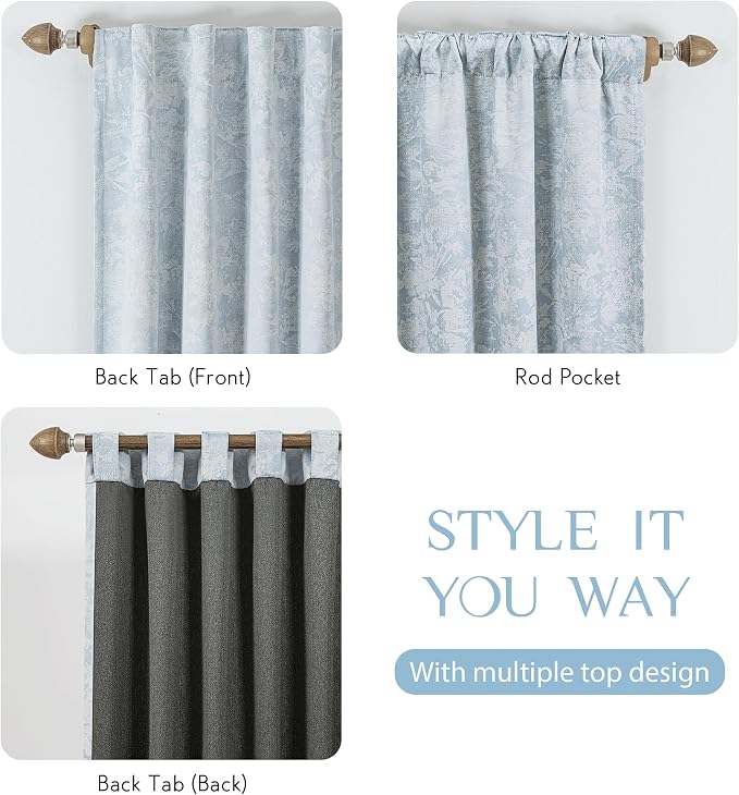 Beauoop Blue Floral Jacquard Blackout Curtains for Bedroom 52x72 2 Panels | Flower Chenille Room Darkening Drapes for Living Room 72 Inch Long Thermal Insulated Soundproof Window treatment Rod Pocket
