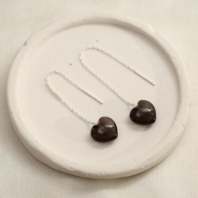 Gemstone Heart Shaped Threader Earrings in 925 Sterling Silver, Pull Through Adjustable, Versatile & Trendy, Perfect Valentine's Gift for Women, Choice of Gemstone Available