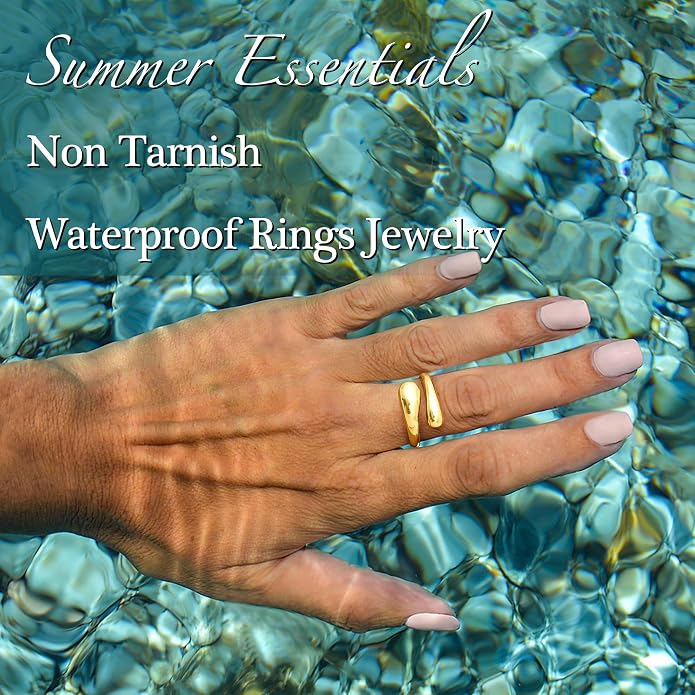 Non Tarnish Gold Chunky Rings for Women, 14K Gold Plated Statement Dome Rings Stacking Silver, Adjustable Mens Eternity Wedding Band Mixed Metal Jewelry Size 3-13