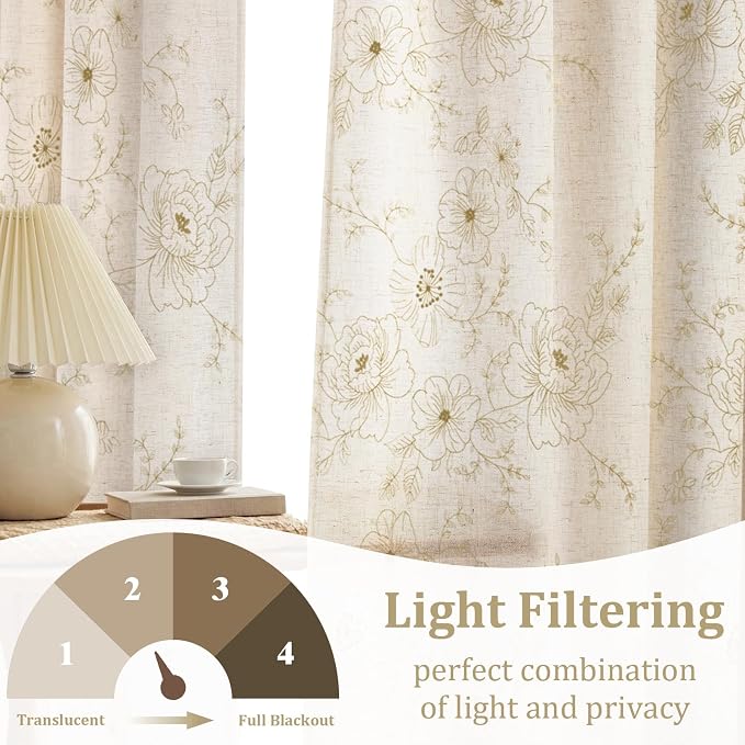 Boho Floral Curtains, Vintage Farmhouse Curtains 84 Inches Long, Beige Cottage Core Flower 2 Panels