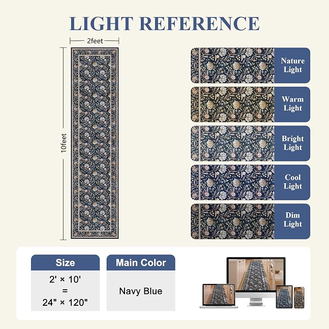 DUKINO 2x10 Runner Rug for Hallway, Washable Vintage Floral Rug, Navy Blue | Non Slip, Low Pile, Non-Shedding, Stain Resistant Soft Long Runner Carpet for Kitchen Bathroom Entryway Bedroom Farmhouse
