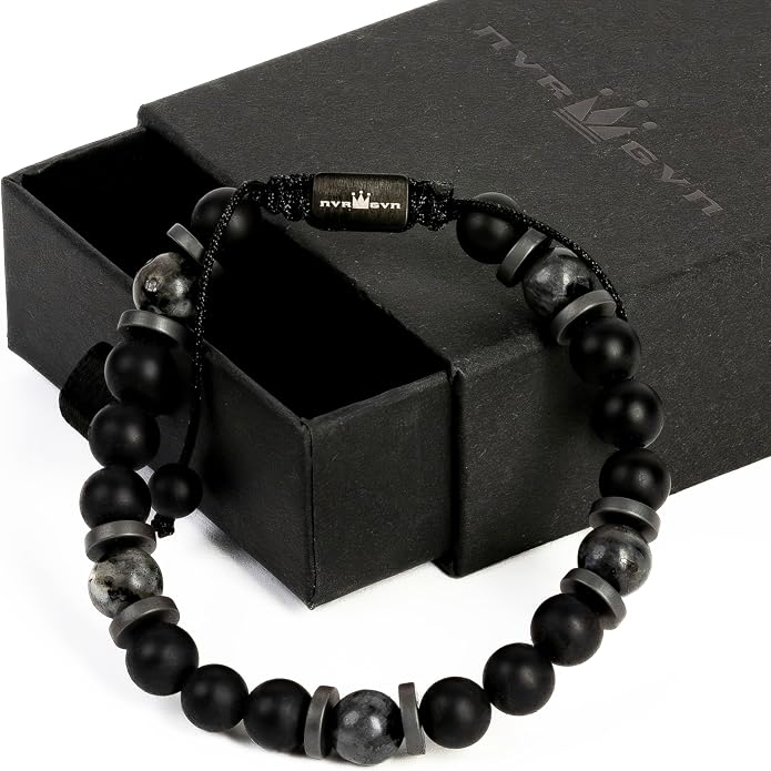 Mens Beaded Bracelet - Stone Jewelry, Black Onyx Hematite Bracelets, Mens Accessories, Adjustable