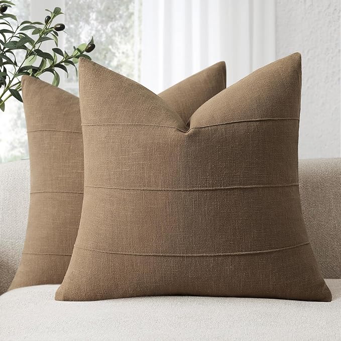 ZWJD Decorative Linen Throw Pillow Covers 20x20 Set of 2 Solid Handcrafted Striped Cushion Covers for Bed Soft Modern Farmhouse Neutral Pillowcase for Couch Bedroom Living Room Home Decor(Coco Brown)