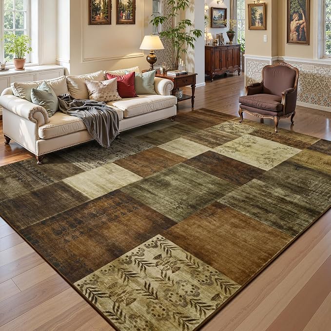 DweIke Washable Area Rugs 9x12 for Living Room, Large Modern Geometric Brown Soft Patchwork Carpet, Non-Slip Stain Resistant Throw Rug for Bedroom Dining Room Office Home Decor