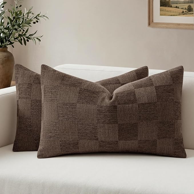 a moment Set of 2 Decorative Linen Throw Pillow Covers,Large Grid Textured Neutral Boho Farmhouse Cushion Covers,Soft Aesthetic Pillowcases for Couch Sofa Living Room Home Decor,20x12 Inch,Dark Brown