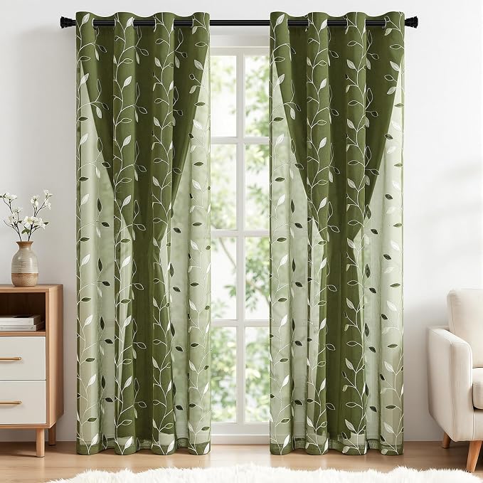 MIULEE Olive Green Double Layer Curtains 96 Inches Long, Leaf Patterned Sheer Floral Drapes and Blackout Room Darkening Window Curtains for Living Room Bedroom, Grommets Top, 52" W x 96" L, 2 Panels