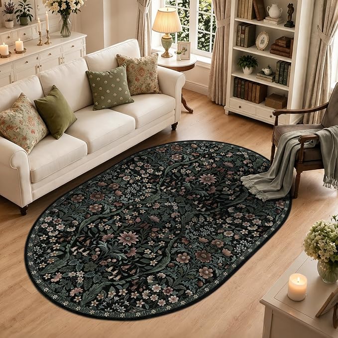 5×7 Oval Rugs Black Washable Floral Rug,Vintage Boho Soft Low-Pile Living Room Rugs, Stain Resistant Botanical Print Non-Slip Carpet for Bedroom,Dining Room, Kids Nursery,Home Decor