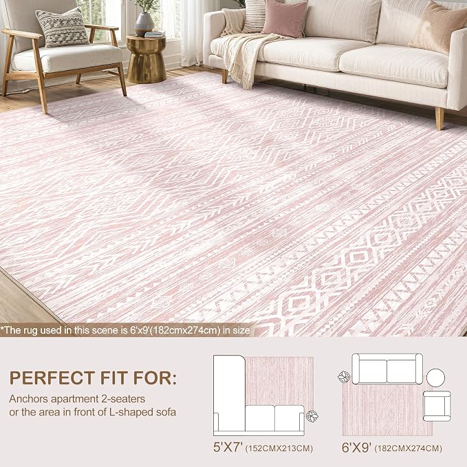 Tortania Area Rug Living Room Rugs- 5x7 Washable Large Soft Neutral Boho Moroccan Bohemian Farmhouse Rug Indoor Floor Carpet for Bedroom Under Dining Table Home Office Decor - Pink