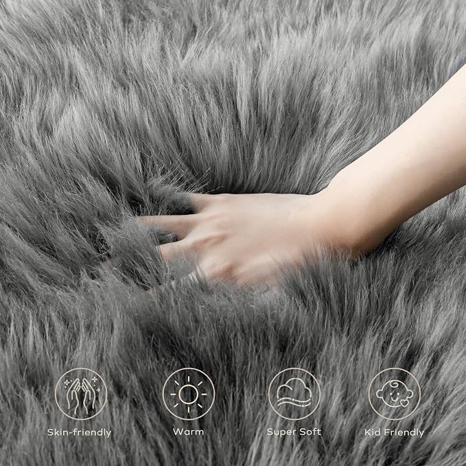 Ashler Faux Fur Area Rug - Ultra Soft Fluffy Shaggy Sheepskin 3 x 5 Feet, Dark Grey, Machine Washable - Nursery Decor Throw for Bedroom, Living Room, Kids Room