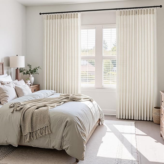 Topfinel Birch Pinch Pleated Linen Curtains 84 Inch Length 2 Panels for Bedroom Living Room Textured Semi Sheer Window Curtain Boho Neutral Back Tab Pinch Pleat Drape with Hooks 84 Inches Long
