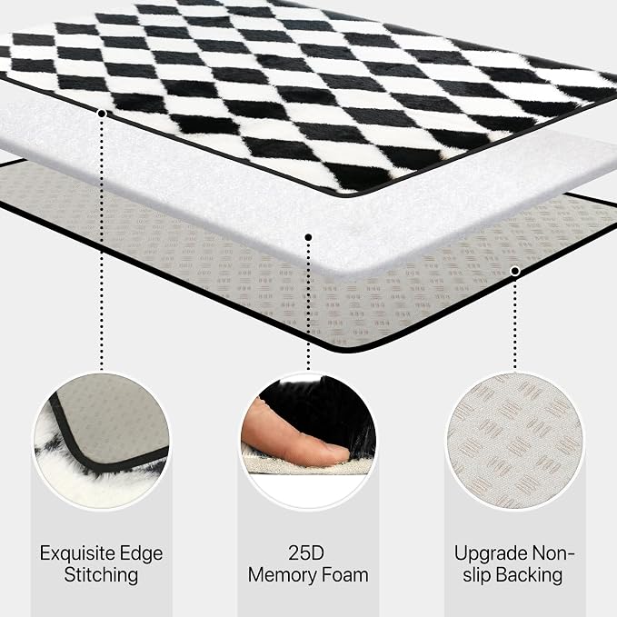 GENIMO Checkered Rug 6x9 Area Rugs for Kids Bedroom Soft Shag Rug Fluffy Fuzzy Carpet Plush Rugs for Living Room Nursery Playroom Dorm Modern Home Decor Aesthetic, Black and White