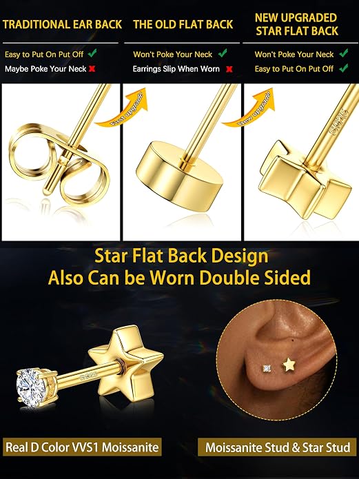 Moissanite Earrings Studs - 925 Sterling Silver Earrings for Women Men 14K Gold Plated Double Sided Star Flat Back Stud Earring Hypoallergenic Small Cartilage Helix Piercing Jewelry D Color VVS1