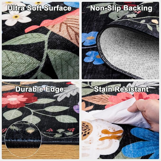 Runner Rug for Entryway: 2.6x10 Kitchen Rugs Non Slip Washable Ultra-Thin Soft Floral Carpet Indoor Floor Stain Resistant Carpets for Hallway Bedroom Kitchen Laundry Bathroom Dorm Black