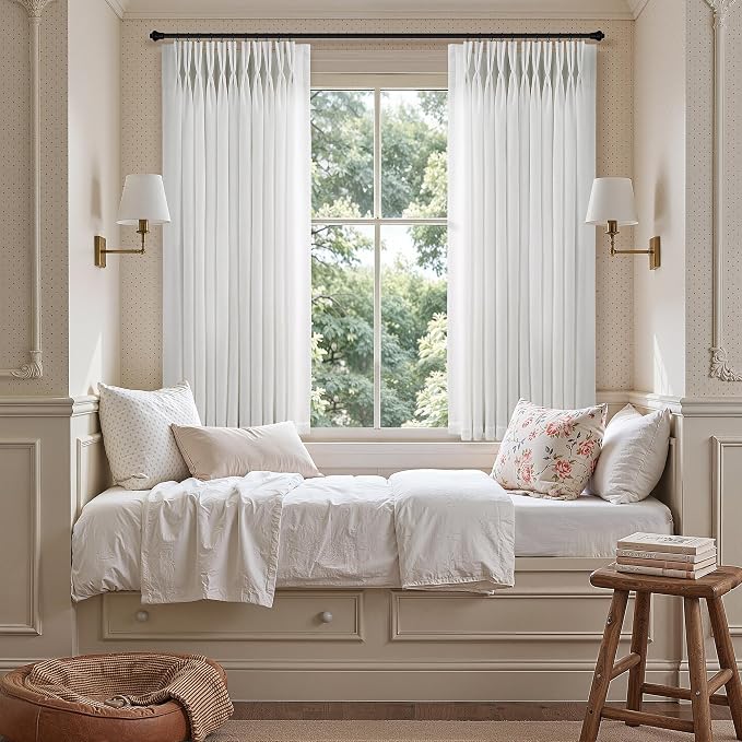 Linen Pinch Pleated Curtains 45 Inch Length 2 Panels for Kitchen Small Window Beige White Cream Semi Sheer Curtains Light Filtering Privacy Cottage Window Drapes Back Tab with Hooks Clip Rings