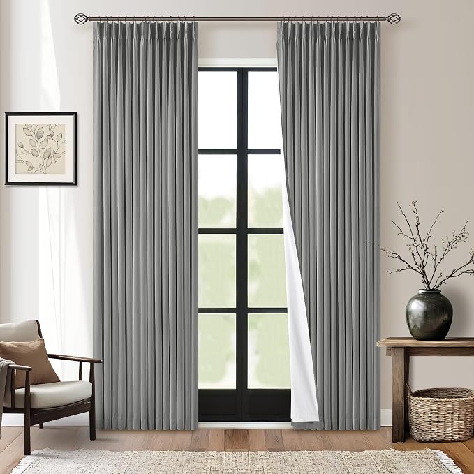 Grey Pinch Pleated 100% Blackout Linen Curtains for Bedroom 84 Inch Length | Room Darkening with Liner, Memory Shape Pleat Back Tab, Thermal Insulated, for Living Dining Room Window, W40xL84 2 Panels