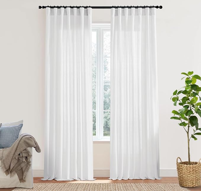XTMYI White Curtains 90 Inches Long for Living Room 2 Panels Set Hook Tape Back Tab Linen Curtains for Bedroom,50x90 in Length