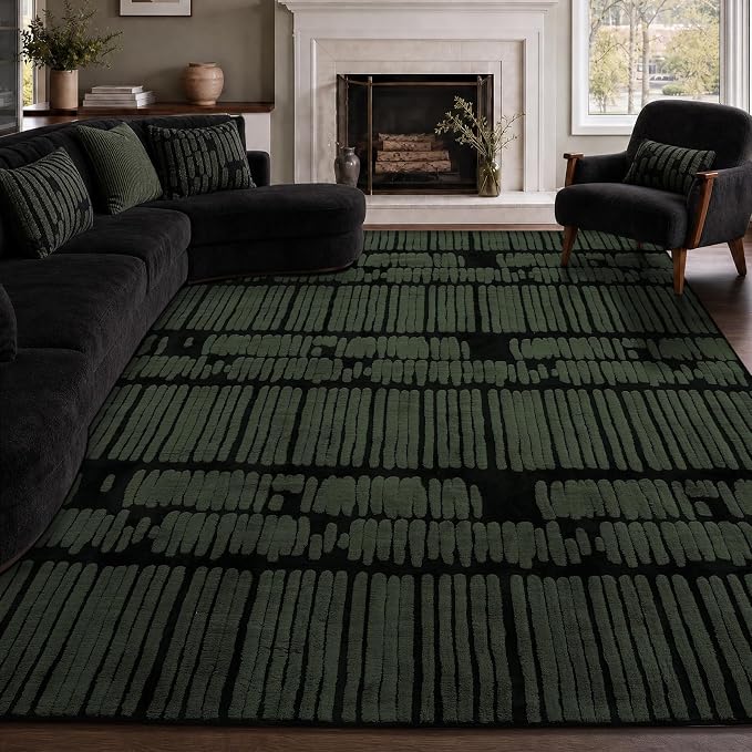 YIHOUSE Abstract 8x10 Area Rug Olive Green: Washable Geometric Rug | Modern, Textured High Low Pile, Fluffy Soft, Striped Carpet for Living Room, Bedroom, Dining Room, Home Office Decor