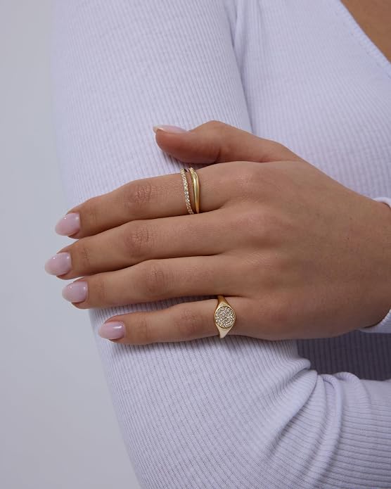 PAVOI 14K Gold Plated Signet Ring for Women - Pinky Ring with Round Cubic Zirconia - Dainty Lightweight Thin Statement Jewelry