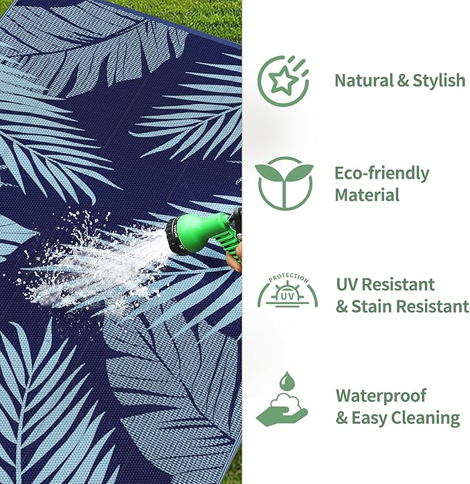 GENIMO Outdoor Rug, Waterproof Plastic Rugs for Patio, 6'x9' Blue | Outside Larger Leaf Carpet Mat for Porch Decor, Deck, Balcony, Camping, RV, Backyard, Picnic, Beach, Reversible, Foldable