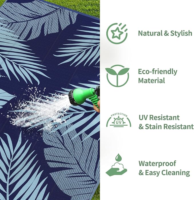 GENIMO Outdoor Rug, Waterproof Plastic Rugs for Patio, 8'x10' Blue | Outside Larger Leaf Carpet Mat for Porch Decor, Deck, Balcony, Camping, RV, Backyard, Picnic, Beach, Reversible, Foldable