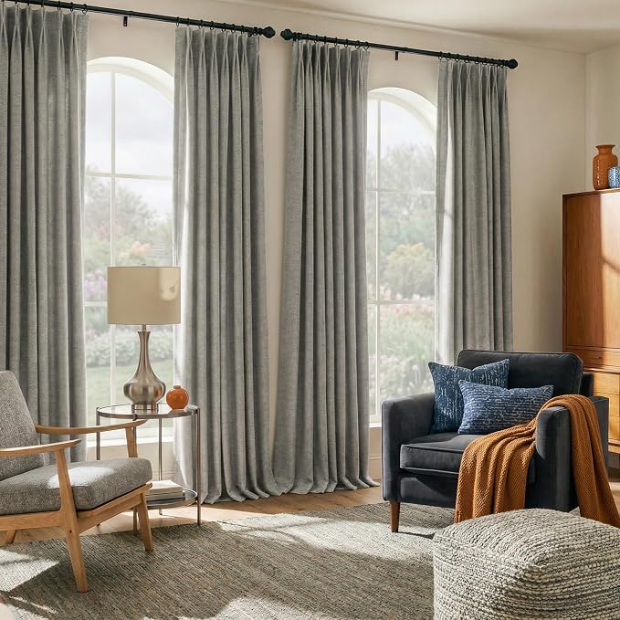 NICETOWN Stone Grey Pinch Pleated Linen Textured 395 GSM Curtains 40x96 Inch - Room Darkening Drapes with Hooks for Sliding Glass Door, Double-Sided Textured Fabric for Bedroom Windows, 2 Panels