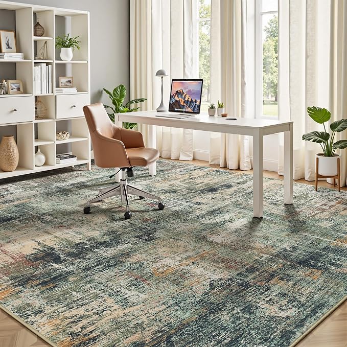 Lofus 5x7 Area Rug for Living Room, Coffee Green Abstract Rugs with Non-Slip Backing, Neutral Modern Washable Carpet for Bedroom Dining Room Home Office Nursery Indoor