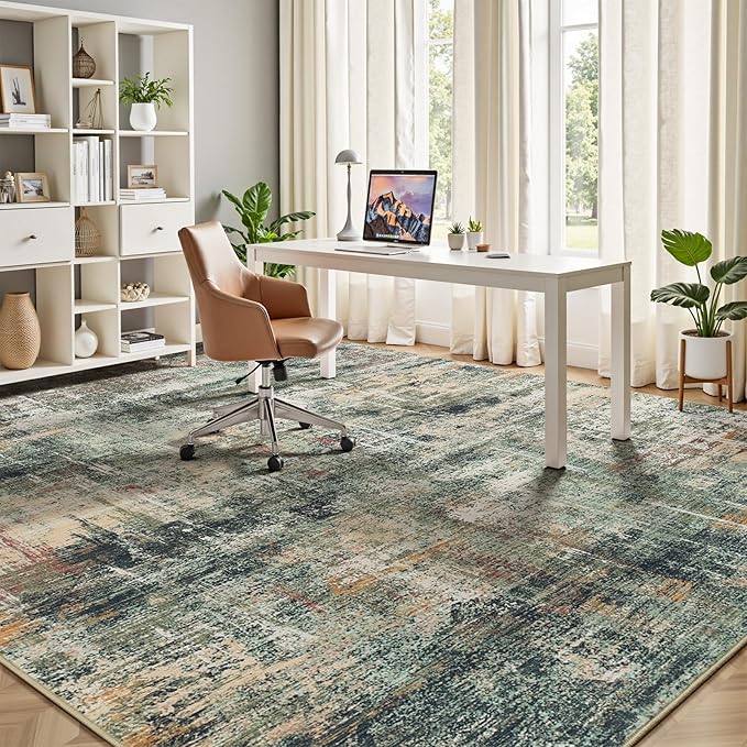 Lofus 9x12 Area Rug for Living Room, Coffee/Green Abstract Large Rugs with Non-Slip Backing, Neutral Modern Washable Carpet for Bedroom Dining Room Home Office Nursery Indoor