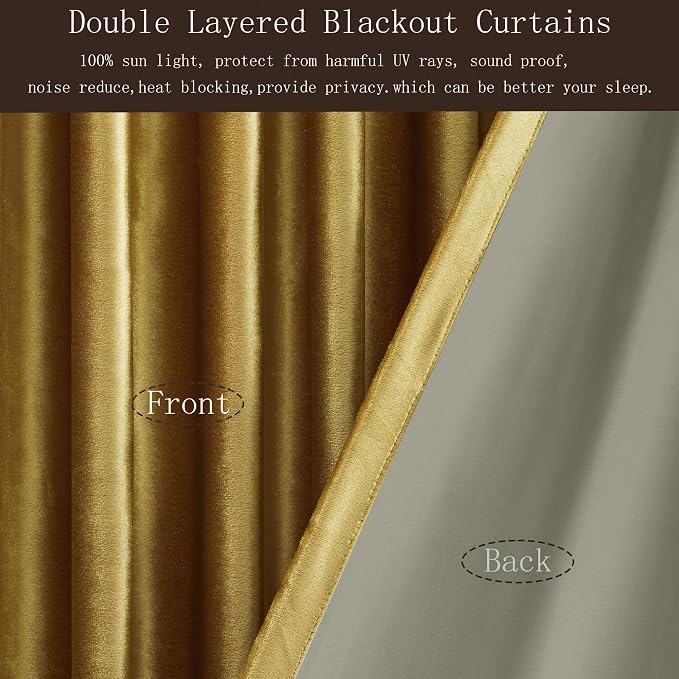 100% Blackout Gold Velvet Curtains 102 inch Long for Living Room,Elegant 2 Panels Back Tab Thermal Insulated Room Darkening Curtain with Liner Heavy Noice Reducing Soundproof Window Drapes for Bedroom