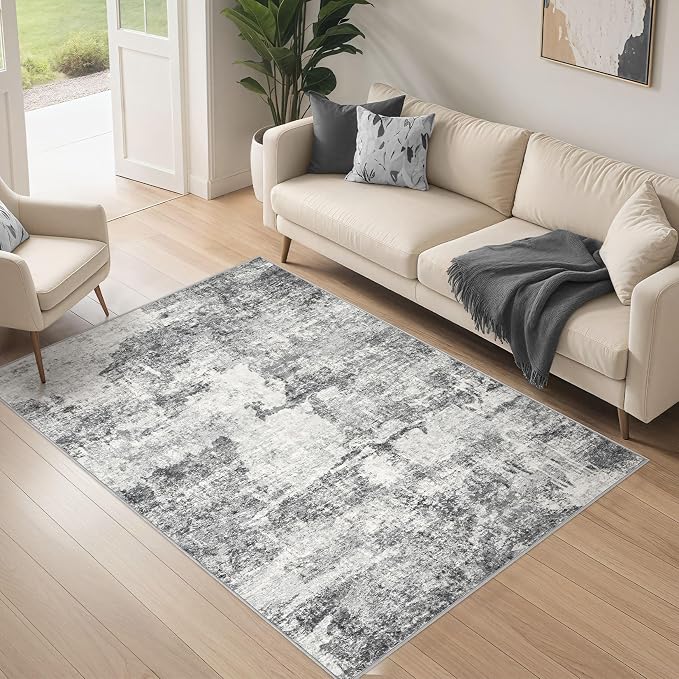 DMOYEST 4x6 Area Rug - Washable & Non Slip Indoor Rug for Living Room, Ultra Soft Abstract Low Pile Carpet, Kid & Pet Friendly Neutral Decor for Bedroom - Grey