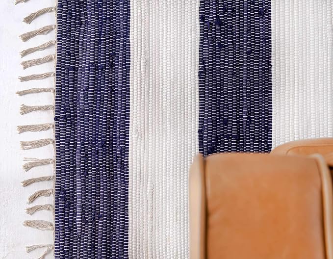 Unique Loom Chindi Rag Collection Area Rug - Striped (9'x 12' 2" Rectangle, Navy Blue/ Ivory)