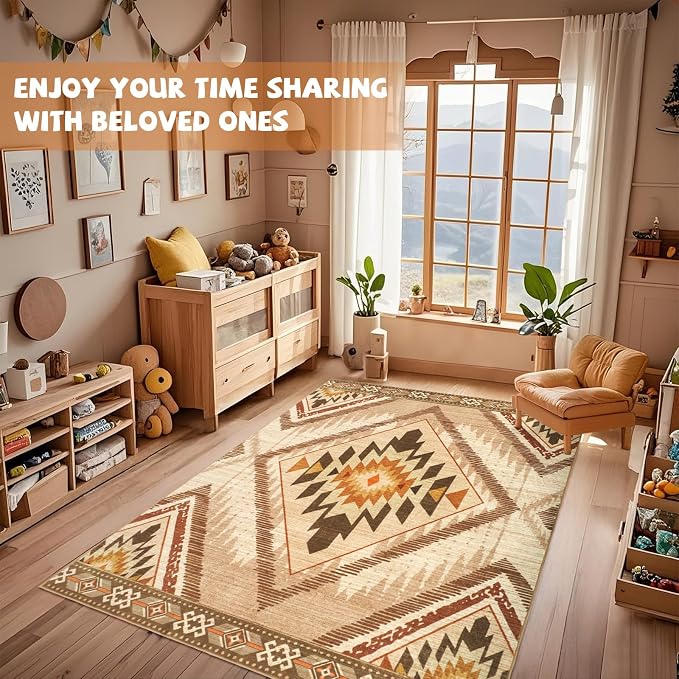 Boho Washable Area Rugs 5x7 Non Slip, Soft Living Room Bedroom Rugs, Non Shedding Moroccan Nursery Floor Carpets for Dining Room Bathroom Office Farmhouse, Light Brown