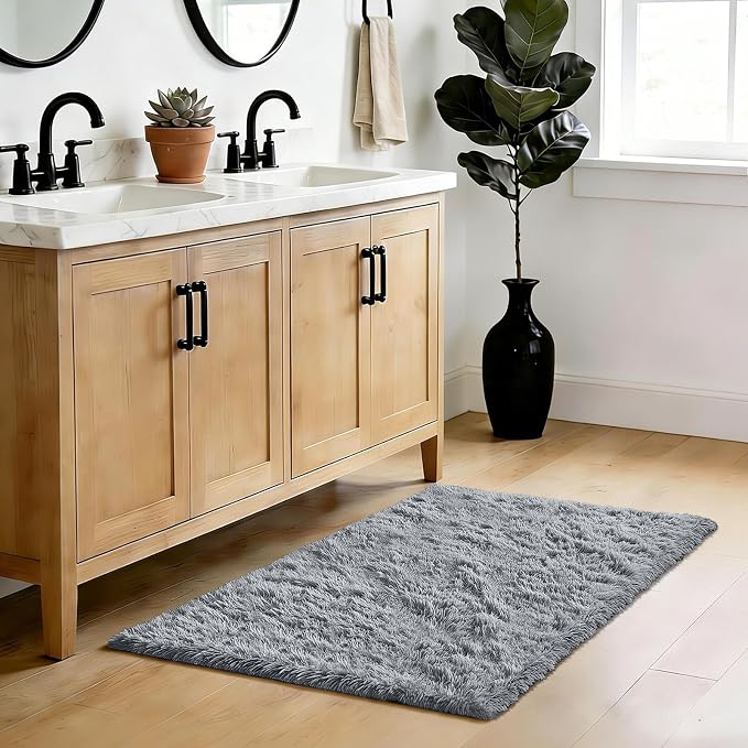 Fluffy Rug Shag Area Rug, Light Grey 2x4 Area Rugs for Bedroom, Small Bedside Rug, Soft Fluffy Shag Entryway Throw Rugs for Living Room Bedroom Room Home Decor