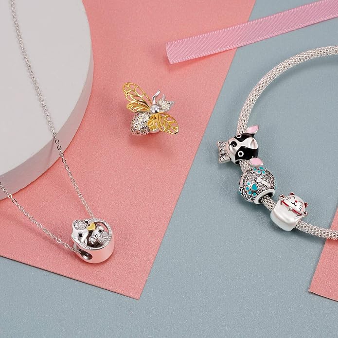NINGAN 925 Sterling Silver Charm Golden Love Charm Buckle Safety Chain Travel Bead Firefly Dragonfly Pendant, Suitable for Women Bracelet and Necklace as Gift from Mom and Friends