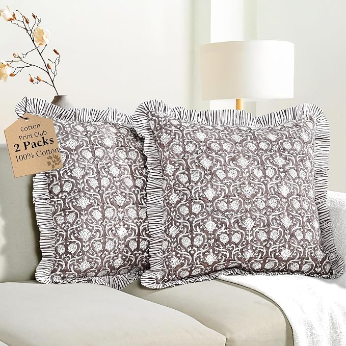 CPC Mocha Regal Hand Block Print 100% Cotton Ruffle Throw Pillow Cover 24x24 inch with Hidden Zipper Decorative for Couch, Bed, Sofa, Farmhouse, Cottagecore Decor Gift Christmas Fall Thanksgiving